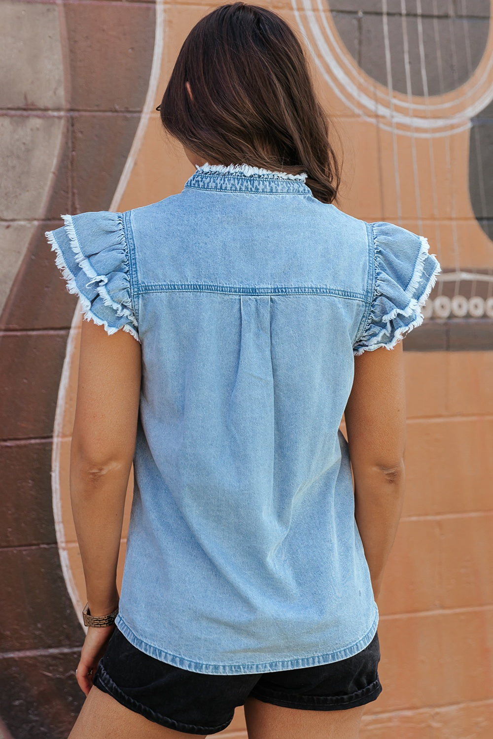 Raw Hem Button Up Cap Sleeve Denim Top