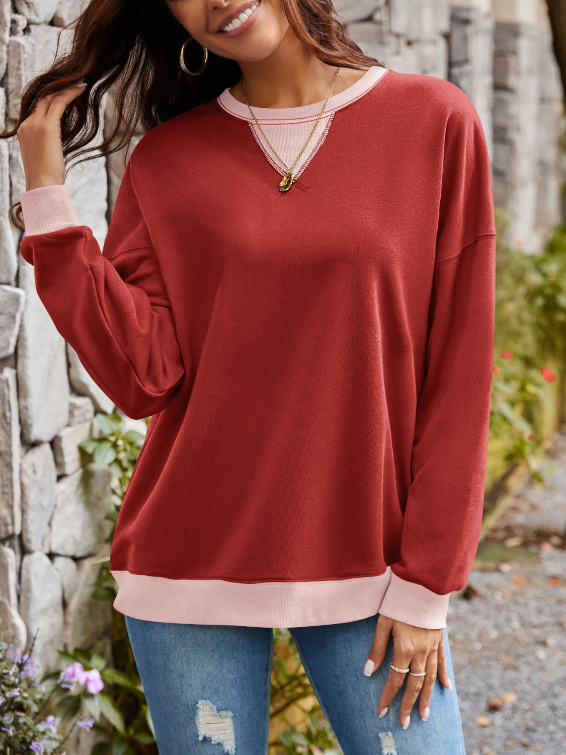 Lovelet Contrast Round Neck Long Sleeve Sweatshirt