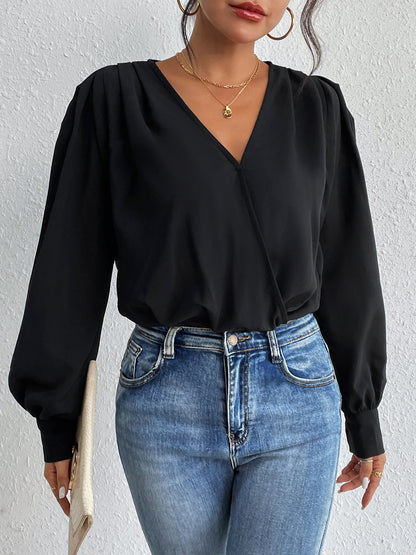 Perfee Surplice Ruched Long Sleeve Bodysuit