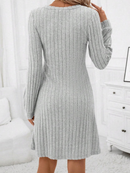 Ribbed V-Neck Long Sleeve Sweater Dress