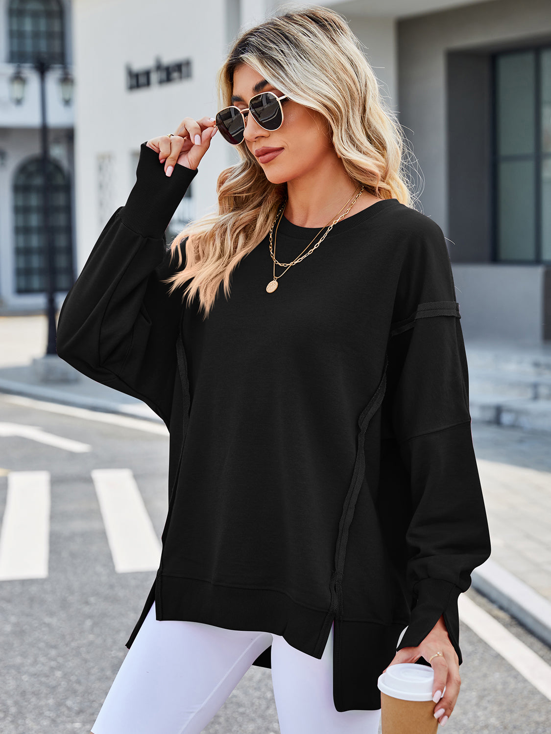 Lovelet Exposed Seam High-Low Round Neck Sweatshirt