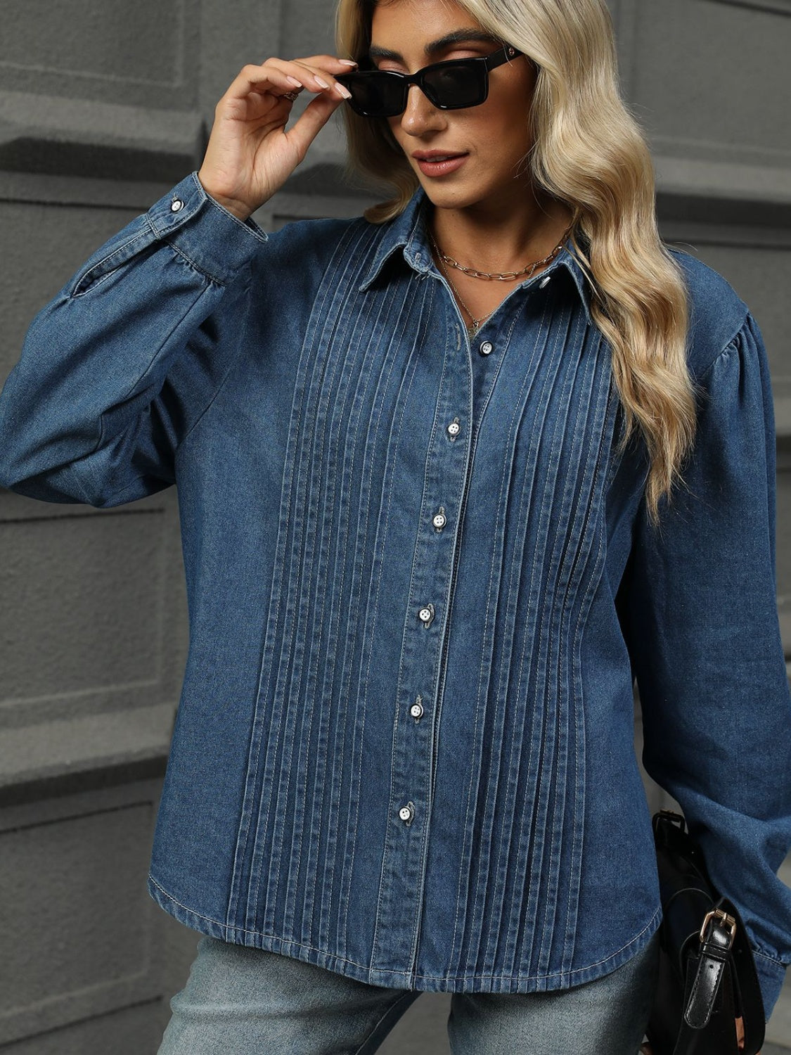 Button Down Collared Neck Long Sleeve Denim Top