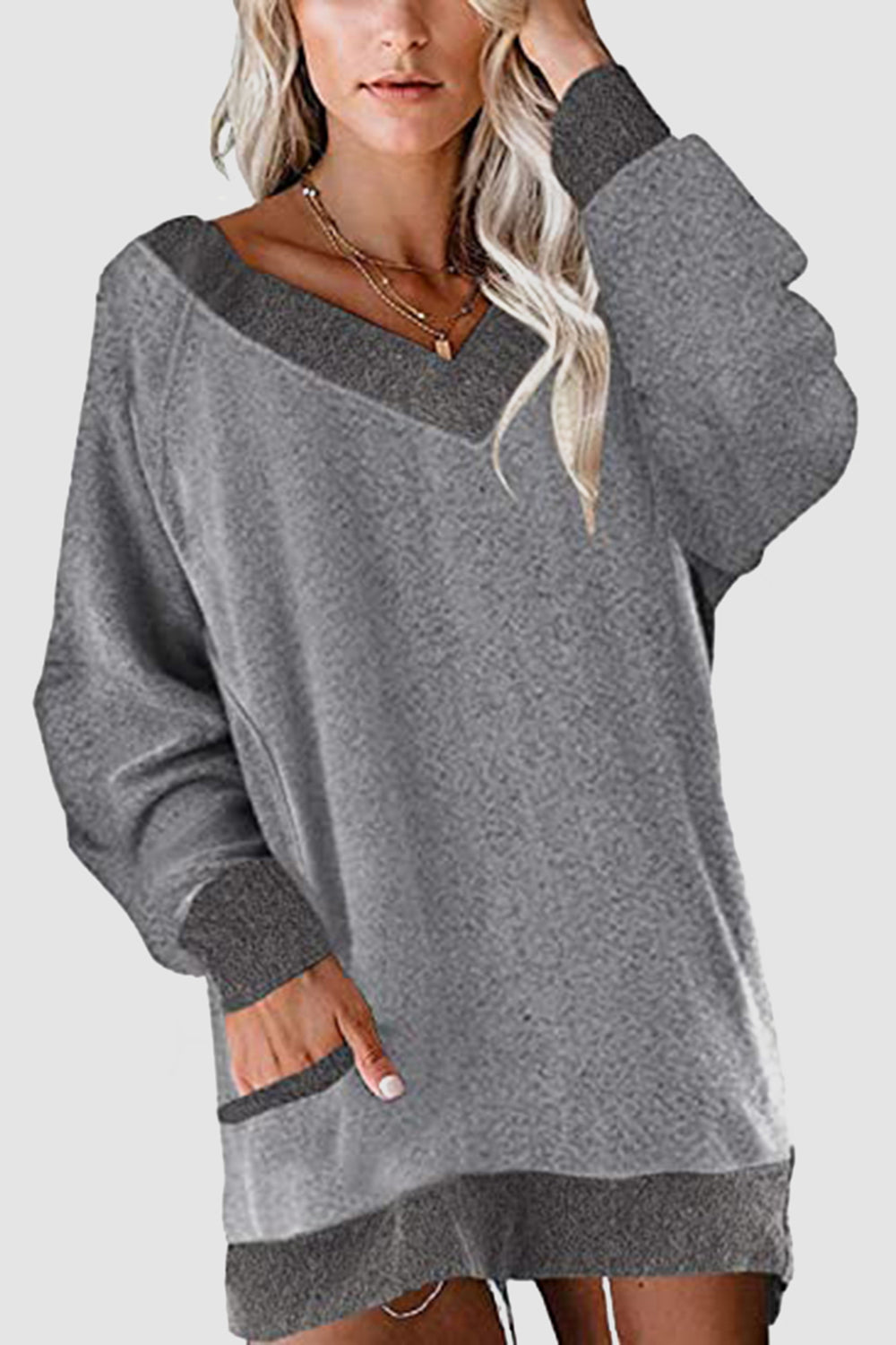 V-Neck Long Sleeve Sweatshirt with Pockets