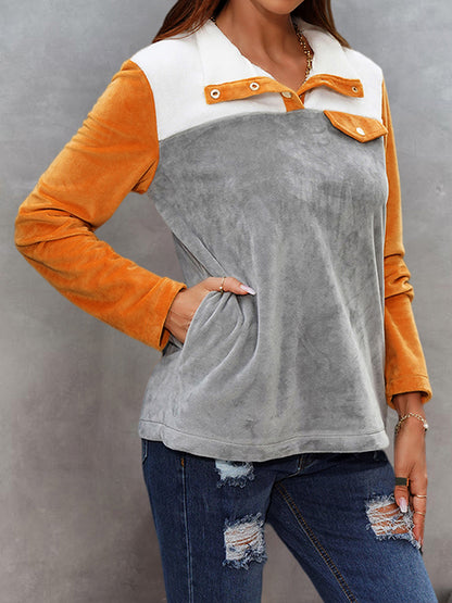 Shiny Color Block Collared Sweatshirt with Pockets