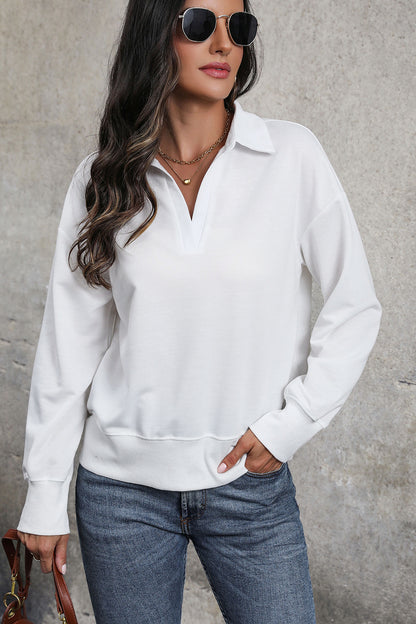 Perfee Johnny Collar Dropped Shoulder Blouse