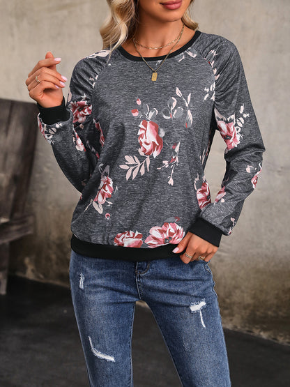 Perfee Floral Round Neck Raglan Sleeve Sweatshirt