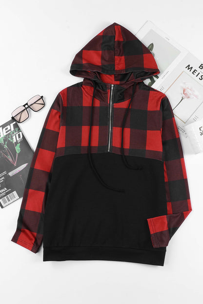 Drawstring Plaid Half Zip Hoodie