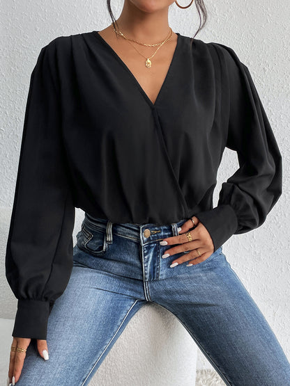 Perfee Surplice Ruched Long Sleeve Bodysuit