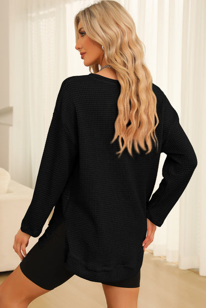 Waffle-Knit Round Neck Long Sleeve Sweatshirt