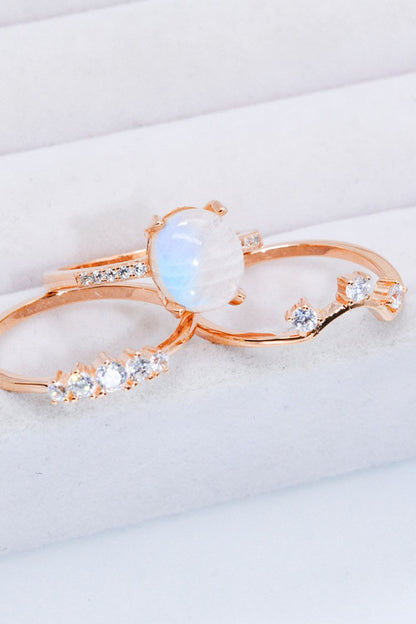 Natural Moonstone and Zircon Three-Piece Ring Set