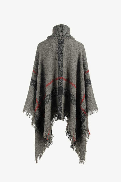 Plaid Turtleneck Raw Hem Poncho