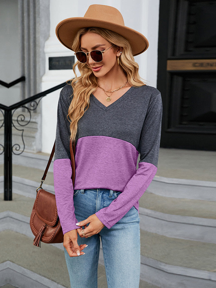 V-Neck Long Sleeve Two-Tone T-Shirt