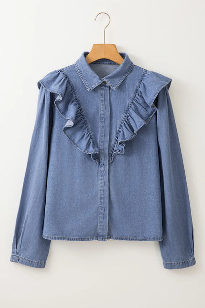 Ruffled Round Neck Long Sleeve Denim Top