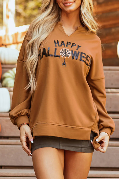 Sequin Letter Graphic Notched Long Sleeve Sweatshirt