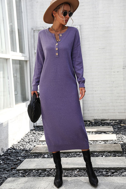 Notched Neck Dropped Shoulder Button-Down Midi Dress