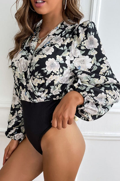 Perfee Floral Surplice Neck Puff Sleeve Bodysuit