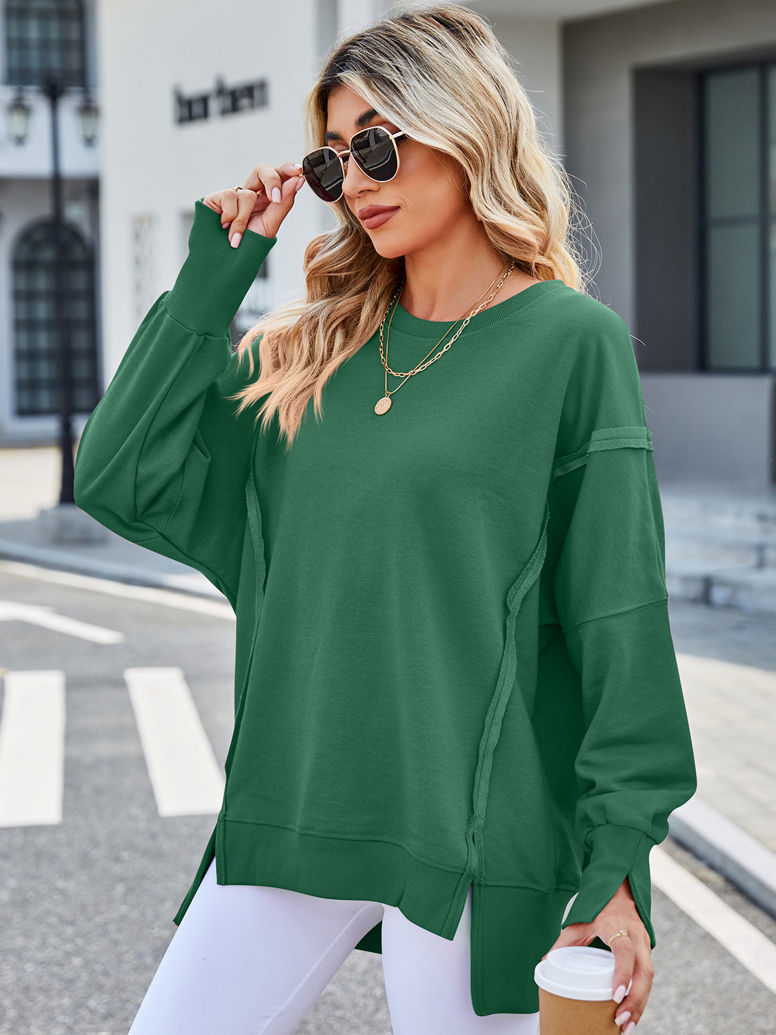 Lovelet Exposed Seam High-Low Round Neck Sweatshirt