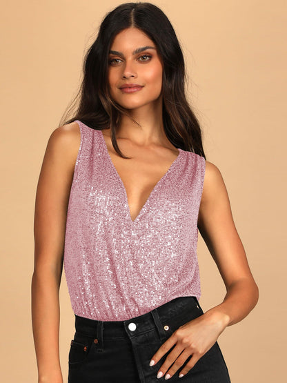 Sequin Surplice Sleeveless Bodysuit