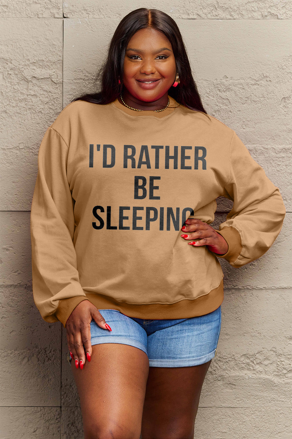 Simply Love Full Size I'D RATHER BE SLEEPING Round Neck Sweatshirt