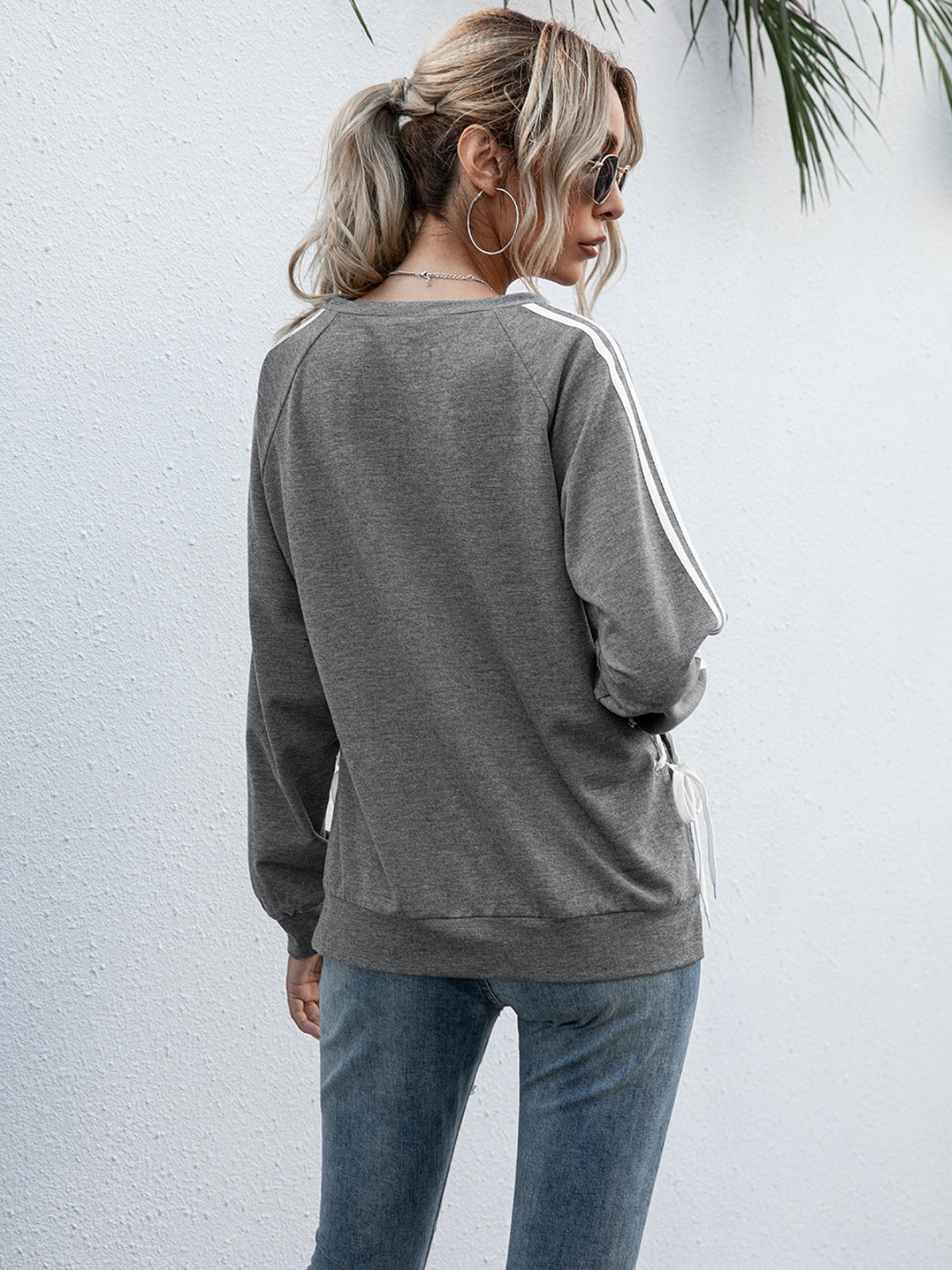 Ivy Lane Lace-Up Round Neck Long Sleeve Sweatshirt