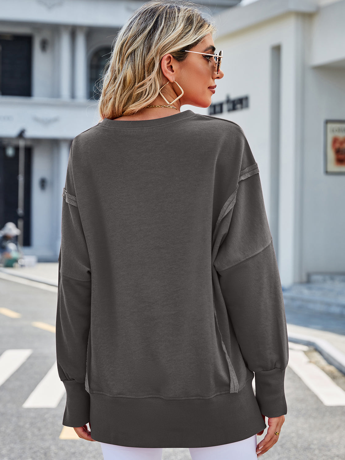 Lovelet Exposed Seam High-Low Round Neck Sweatshirt