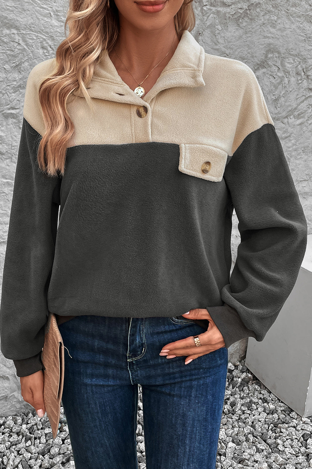 Perfee Color Block Quarter Button Dropped Shoulder Sweatshirt