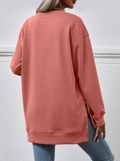 V-Neck Slit Long Sleeve Sweatshirt