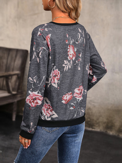 Perfee Floral Round Neck Raglan Sleeve Sweatshirt