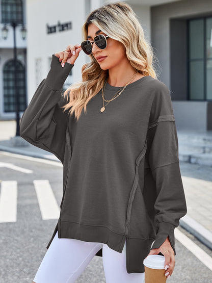 Lovelet Exposed Seam High-Low Round Neck Sweatshirt