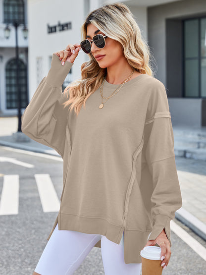 Lovelet Exposed Seam High-Low Round Neck Sweatshirt