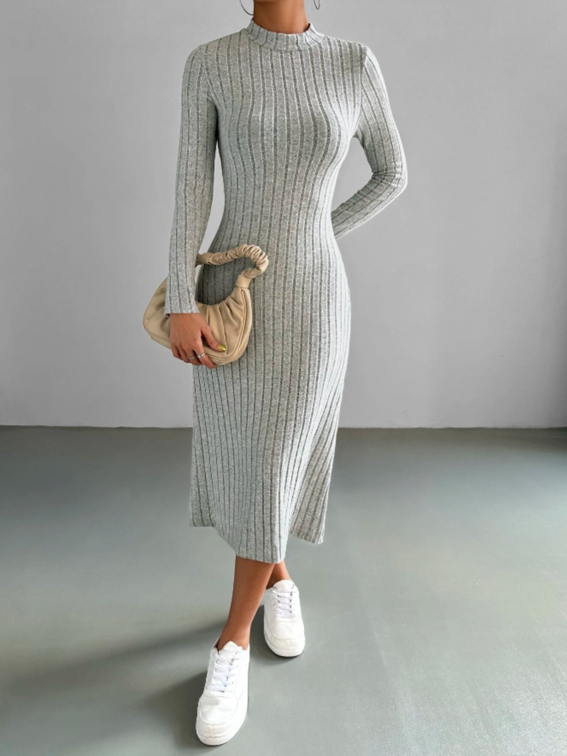 Ribbed Mock Neck Long Sleeve Midi Sweater Dress