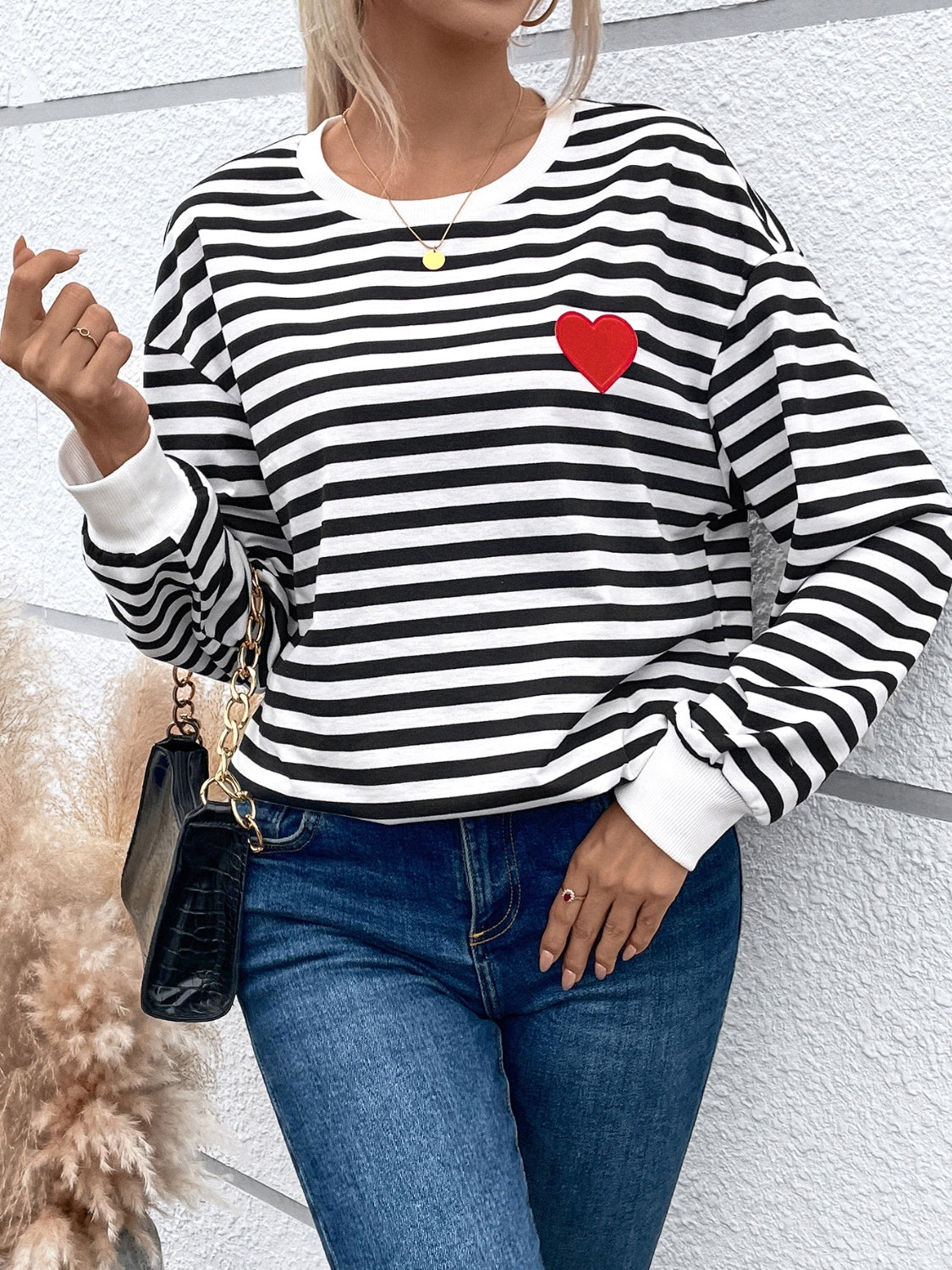 Heart Patch Striped Round Neck Long Sleeve Sweatshirt