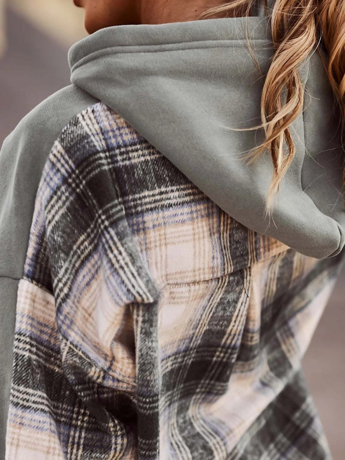 MeiMei Plaid Drawstring Dropped Shoulder Hoodie